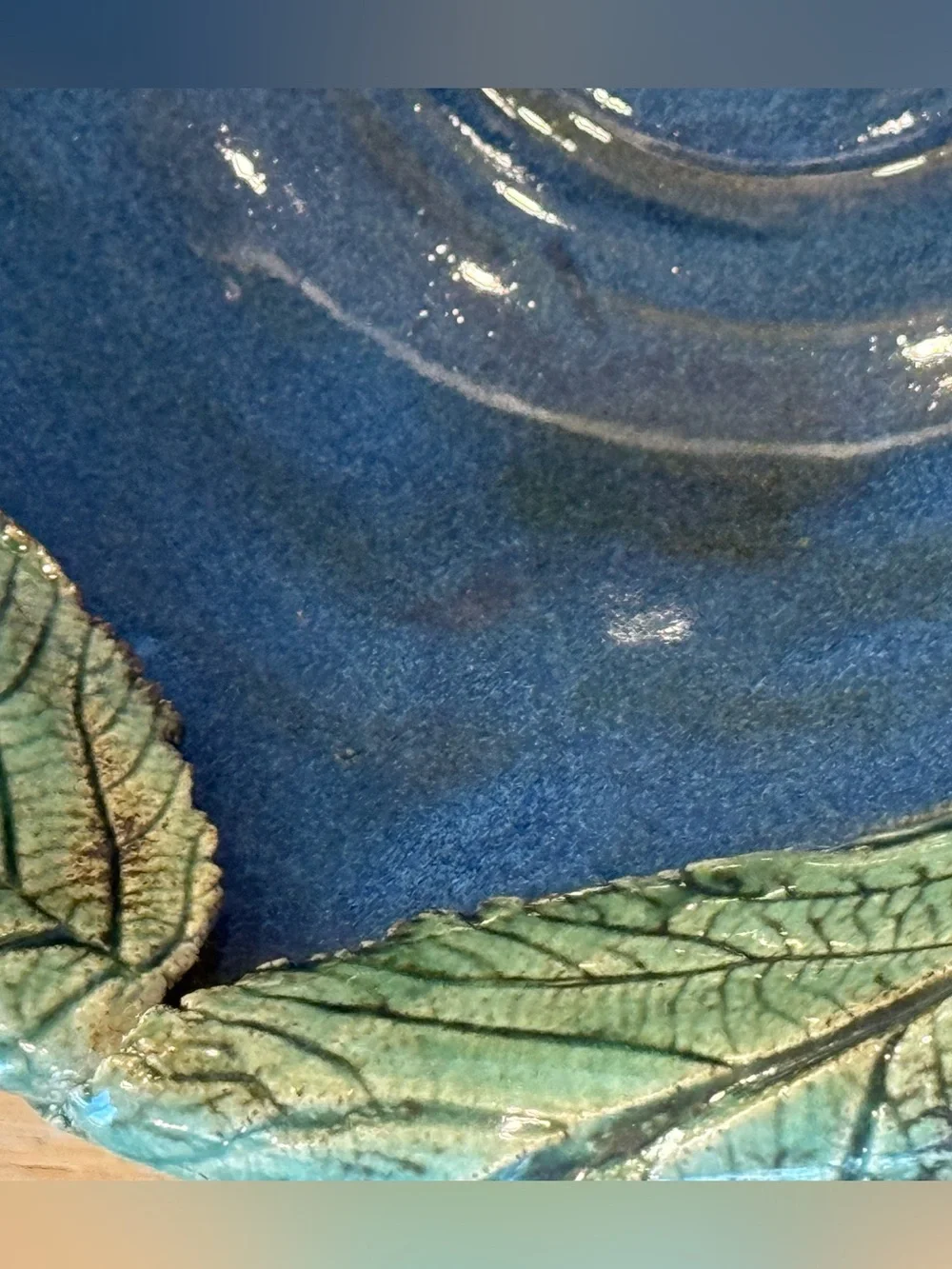 Studio Pottery Bowl Blue Green Leaf Detail Cottagecore Rustic Coastal Handmade